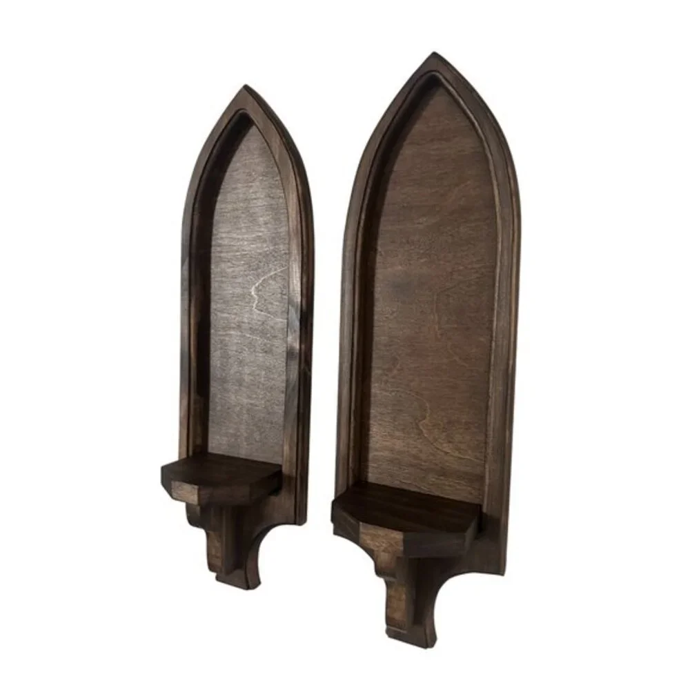Gothic Arch Wood Wall Sconces Set of 2 Dark Walnut Candle Holders Handmade